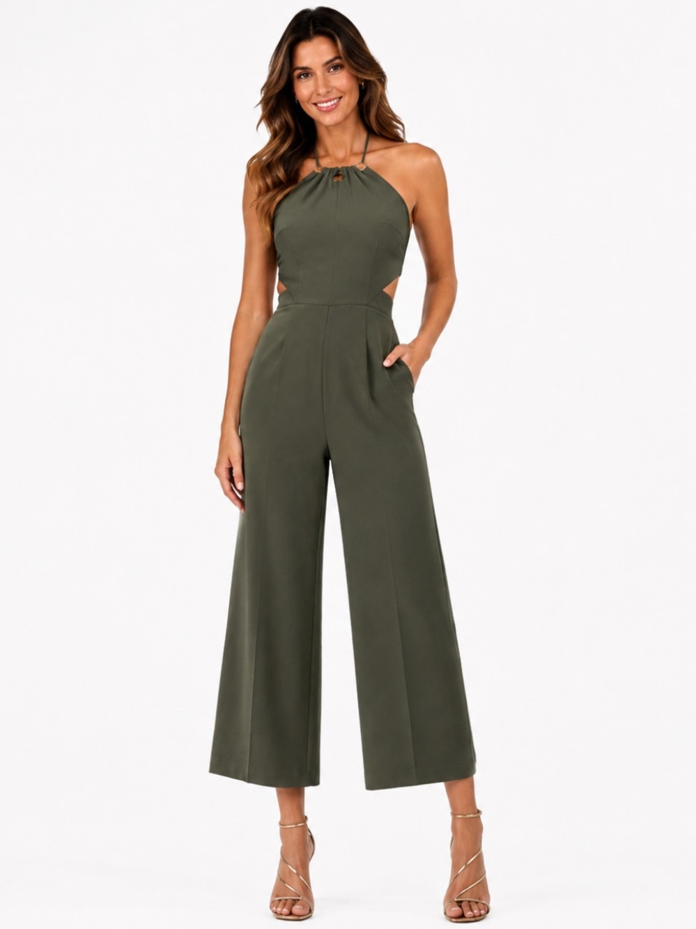 NWT Romeo + Juliet Couture Olive Green Halter Cutout Wide Leg Jumpsuit M